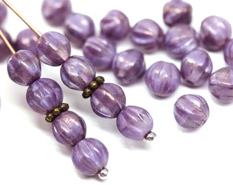Violet purple luster 6mm czech glass round melon shape beads, 30pc - 3428
