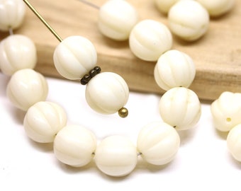 8mm Light beige czech glass round beads Melon shape carved beads spacers 20pc - 5278