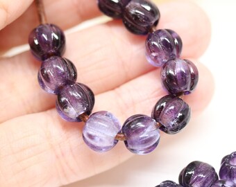 Dunkel Lila Tschechische Glas Melonen Perlen: 8 mm Großloch, 15 Stück