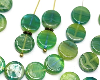 10mm Green coin shaped czech glass beads Round tablet shape mixed yellow green pressed beads 25Pc - 0922