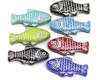 Large fish beads Czech glass colorful fish 25x12mm silver wash Nautical jewelry making, 4Pc