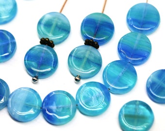 10mm Mixed Blue coin czech glass beads round tablet shape pressed beads 25Pc - 1851