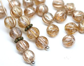 6mm Light brown round melon shape Silver wash copper inlays Czech glass carved beads 30Pc - 3764