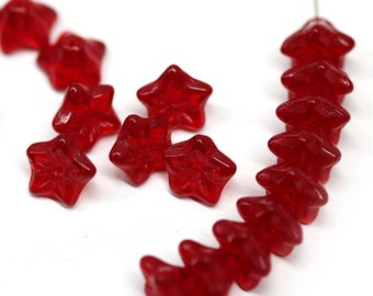 Red flower beads, Czech glass trumpet flower 6x9mm five petals bell, 20Pc - 2119