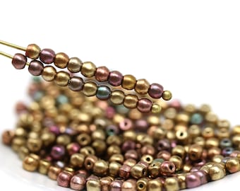 3mm Metallic gold round druk beads mix Czech glass small spacer beads - 8gr - 5413