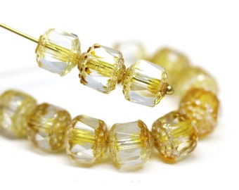 8mm Light yellow cathedral czech glass beads, fire polished faceted ball beads 10Pc - 1038