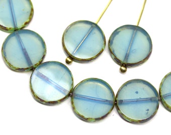 12mm Opal blue coin czech glass fire polished beads Picasso round tablet shape beads 8pc - 5648