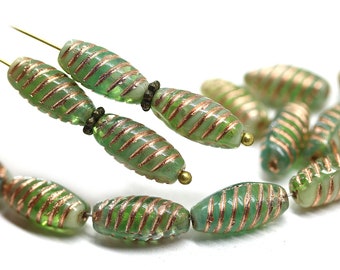 14x7mm Green long barrel czech glass beads, copper wash, mixed color oval carved beads, 15Pc - 2832