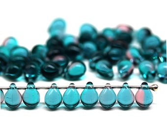 5x7mm Teal purple teardrops, czech glass top drilled pale teal drop beads, 50pc - 5140