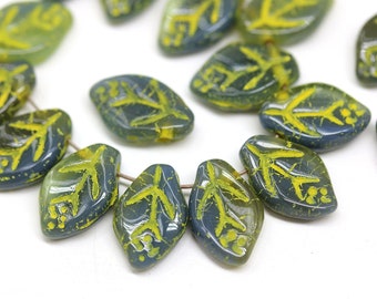 12x7mm Mixed gray leaf beads Czech glass beads pressed leaves yellow wash top drilled 30Pc - 3429