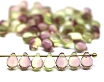 50pc Light yellow purple teardrops, 5x7mm czech glass top drilled drop beads for jewelry making - 5136