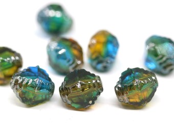 Contas de vidro tcheco polidas com fogo, bicone, azul, verde e amarelo, 10 x 8 mm, com pontas prateadas, 8 unidades - 5664