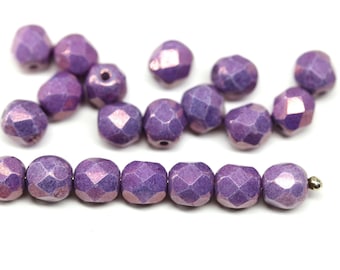 6mm Purple round fire polished czech glass beads coated luster 20Pc - 2085