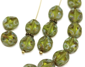 Picasso beads Olive green wavy oval czech beads 9x8mm fire polished glass beads 15Pc - 3551