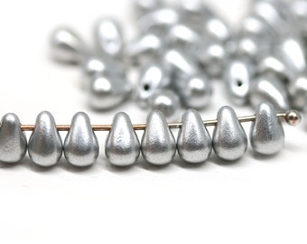 50pc Silver small drops, Matte metallic silver czech glass small teardrops 4x6mm - 1659