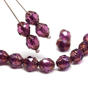 Dark purple cathedral czech glass 8x6mm bicone beads fire polished barrel beads 15pc - 5590