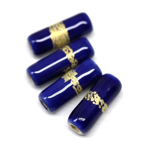 Dark blue long tube beads, gold band beads, enamel ceramic beads for leather cord 2.5mm hole, 4pc - 3164