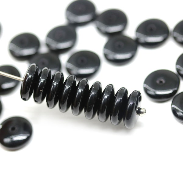 9mm Black rondelle beads Czech glass black spacers rondel beads for jewelry making 30Pc - 3153