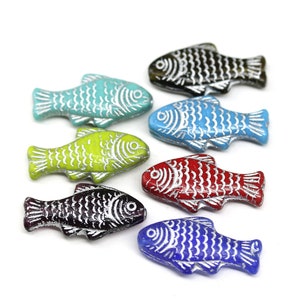 Large fish beads Czech glass colorful fish 25x12mm silver wash Nautical jewelry making, 4Pc
