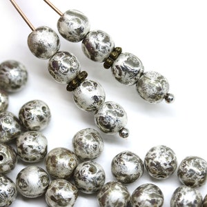 Silver crackle beads 6mm round druk czech glass light gray beads spacers, 40pc - 1318