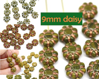 9mm Olive Green Czech Glass Daisy Flower Beads - 20 pc