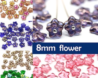 Cuentas de cristal checo de 8 mm con forma de flor: pétalos azules y rosas (30 unidades)