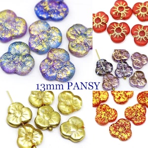 13mm Pansy flower beads Czech glass Golden flower Red pansy Gold wash beads Purple glass flower - 6pc