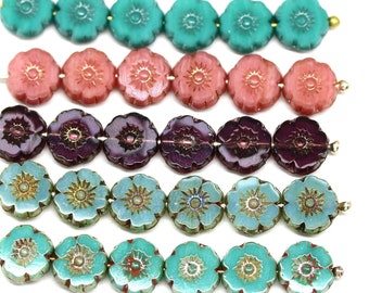 8mm Hibiscus flower Czech glass pink floral green turquoise daisy picasso beads