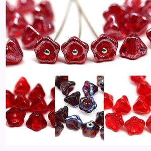 Red bell flower Czech glass flower beads Red bead cap 6x8mm earrings making - 20Pc
