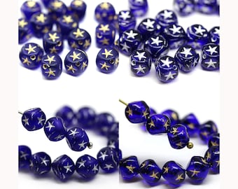 7mm Dark blue cube beads gold silver stars ornament czech glass cubes 20pc