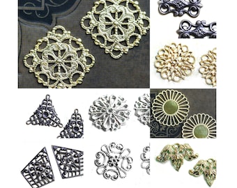 Filigree brass settings connectors findings for jewelry making Golden silver copper colored