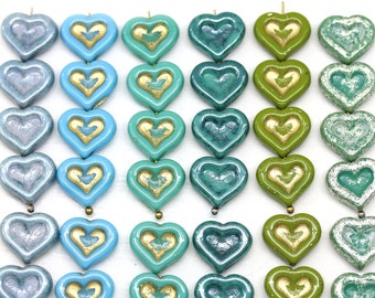 Blue green heart beads 14mm Czech glass pressed hearts for jewelry making, 6pc
