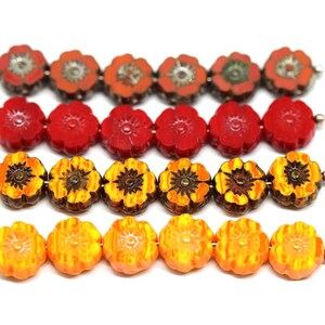 8mm Red orange Hibiscus flower Czech glass yellow floral daisy picasso beads
