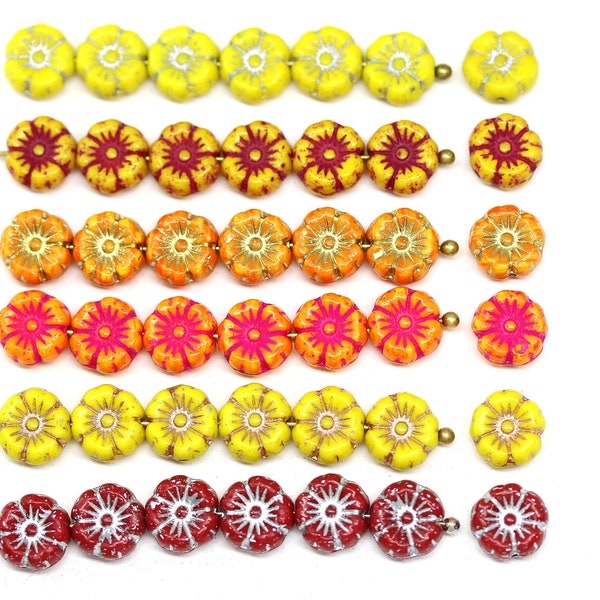 8mm Yellow Hibiscus flower Czech glass orange floral daisy beads red flower