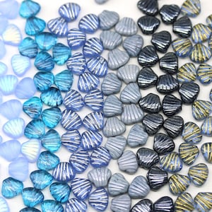 Blue Czech glass shell beads, 9mm center drilled seashell, 20pc