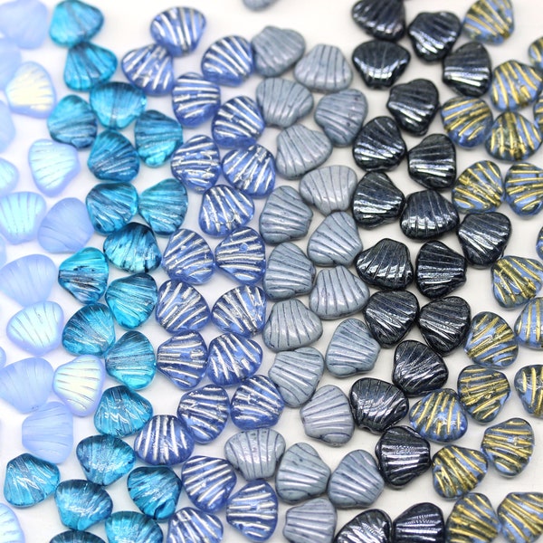 Blue Czech glass shell beads, 9mm center drilled seashell, 20pc