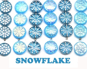 Czech glass blue snowflake beads for winter jewelry making silver snowflake 6pc