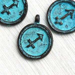 Sagittarius Zodiac charm Blue Green Patina on copper Horoscope, Astrology, Zodiac sign, Greek beads, 15mm, Lead Free - 3pc - F244