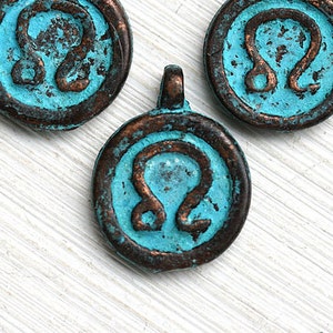 Leo zodiac sign charm, Patina on copper, Horoscope, Astrology, Zodiac sign, Greek beads, 15mm, Lead Free - 3pc - F250