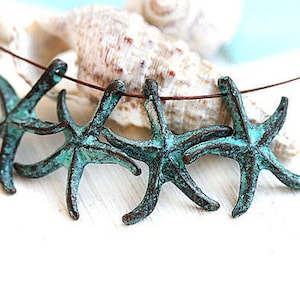 4pc Green patina starfish metal charms Copper starfish pendant mykonos beads - 1897