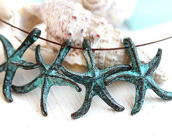 4pc Green patina starfish metal charms Copper starfish pendant mykonos beads - 1897