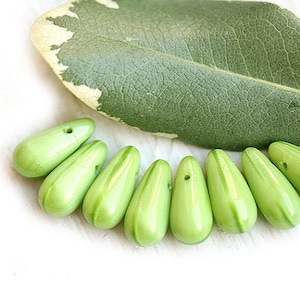 Green Opaque Glass drops, Light Green czech teardrop beads, long drops, 13mm - 15pc - 1236