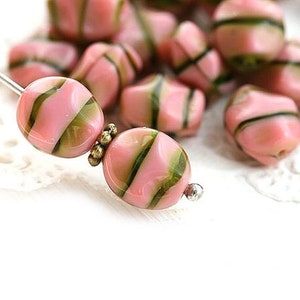 Pink oval Czech glass beads Pink green wavy pressed beads 9x8mm - 15pc - 2658