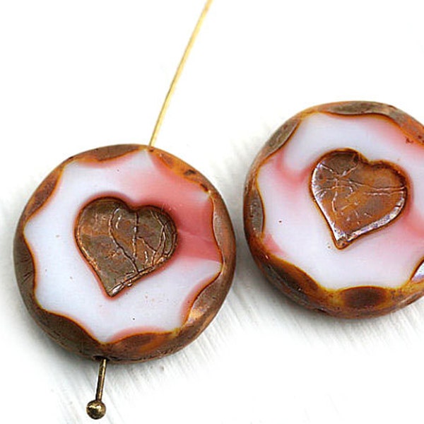 Pink Heart paire de perles de verre tchèque Blanc Rose coeur pendentif perles 21mm grandes perles picasso table coupée - 1341