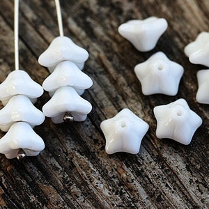 White flower beads 6x9mm Czech glass white trumpet 5 star flower, 20Pc - 5128