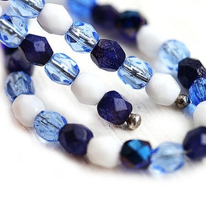 4mm Blue beads mix, czech glass fire polished round spacers, blue glass beads - 50Pc - 1815