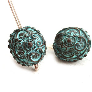 15mm Metal Disk beads Green patina Copper lentil bead Ornament round Greek bead Lead Free 2Pc - F338