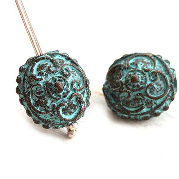 Green Patina Copper Lentil Beads: 15mm Greek Ornament Disks (2Pc)