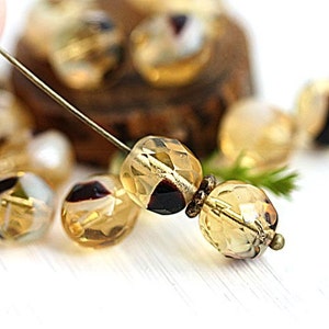 Yellow glass beads 8mm Tortoise Czech round beads fire polished yellow and black faceted beads - 15Pc - 1522