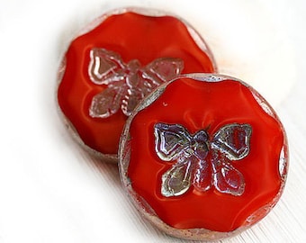 2pc Butterfly Focal beads, 26mm Extra large Bright Red with Picasso finish czech glass, table cut, butterflies - 1774